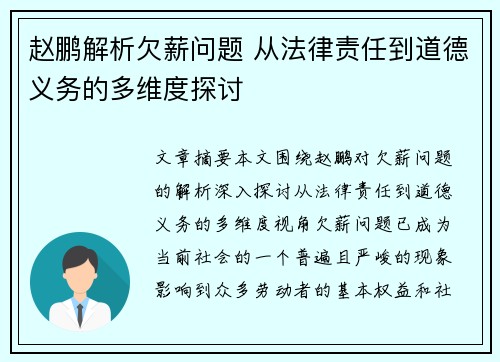 赵鹏解析欠薪问题 从法律责任到道德义务的多维度探讨